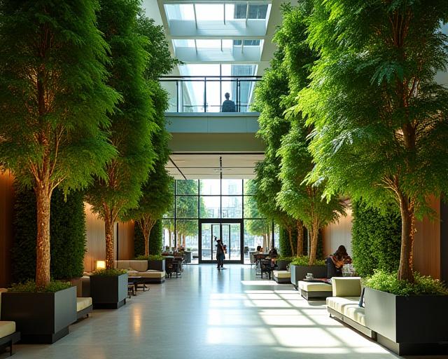 A modern office interior with large indoor trees and plant installations.