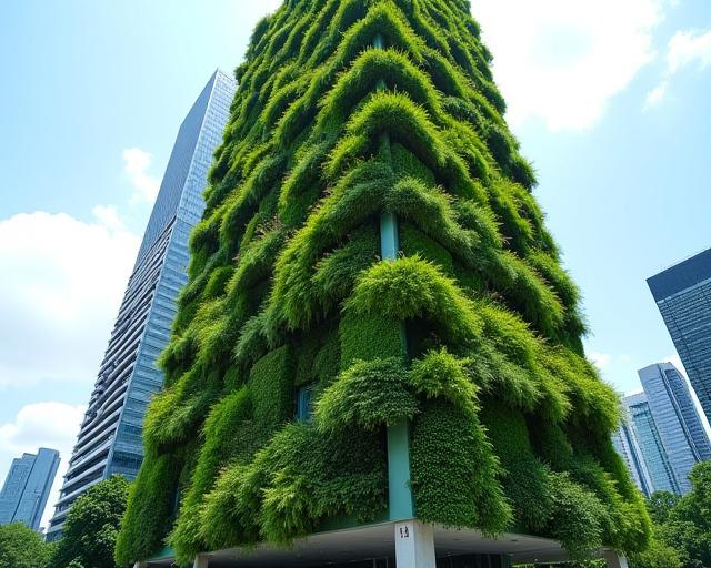 A tall commercial building in a city covered in a massive vertical garden.