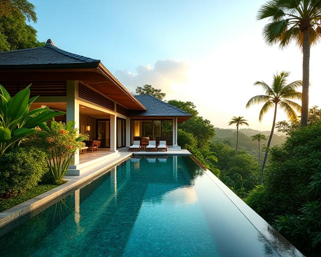 A luxurious villa surrounded by a lush tropical garden and infinity pool.