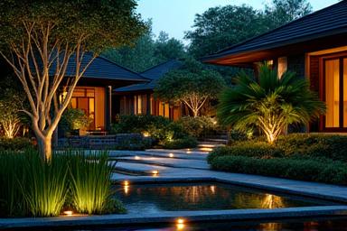Luxury private residence garden in Sentosa Cove at twilight.