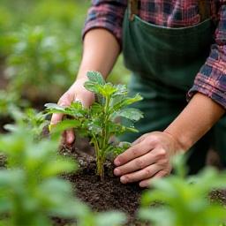 A gardener carefully tending to plants in a sustainable garden.