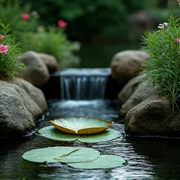 A serene garden pond with a small waterfall and lily pads.